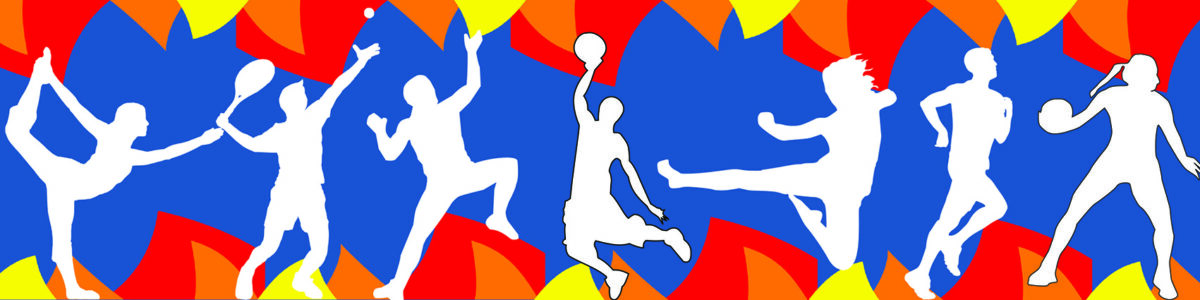 Plusieurs silhouettes représentant différentes pratiques sportives : une gymnaste, une tennisman, un grimpeur, un basketteur, une karatéka, un coureur, une handballeuse