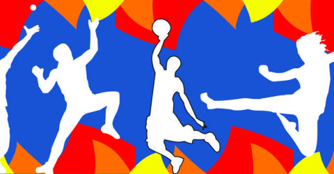 Plusieurs silhouettes représentant différentes pratiques sportives : une gymnaste, une tennisman, un grimpeur, un basketteur, une karatéka, un coureur, une handballeuse